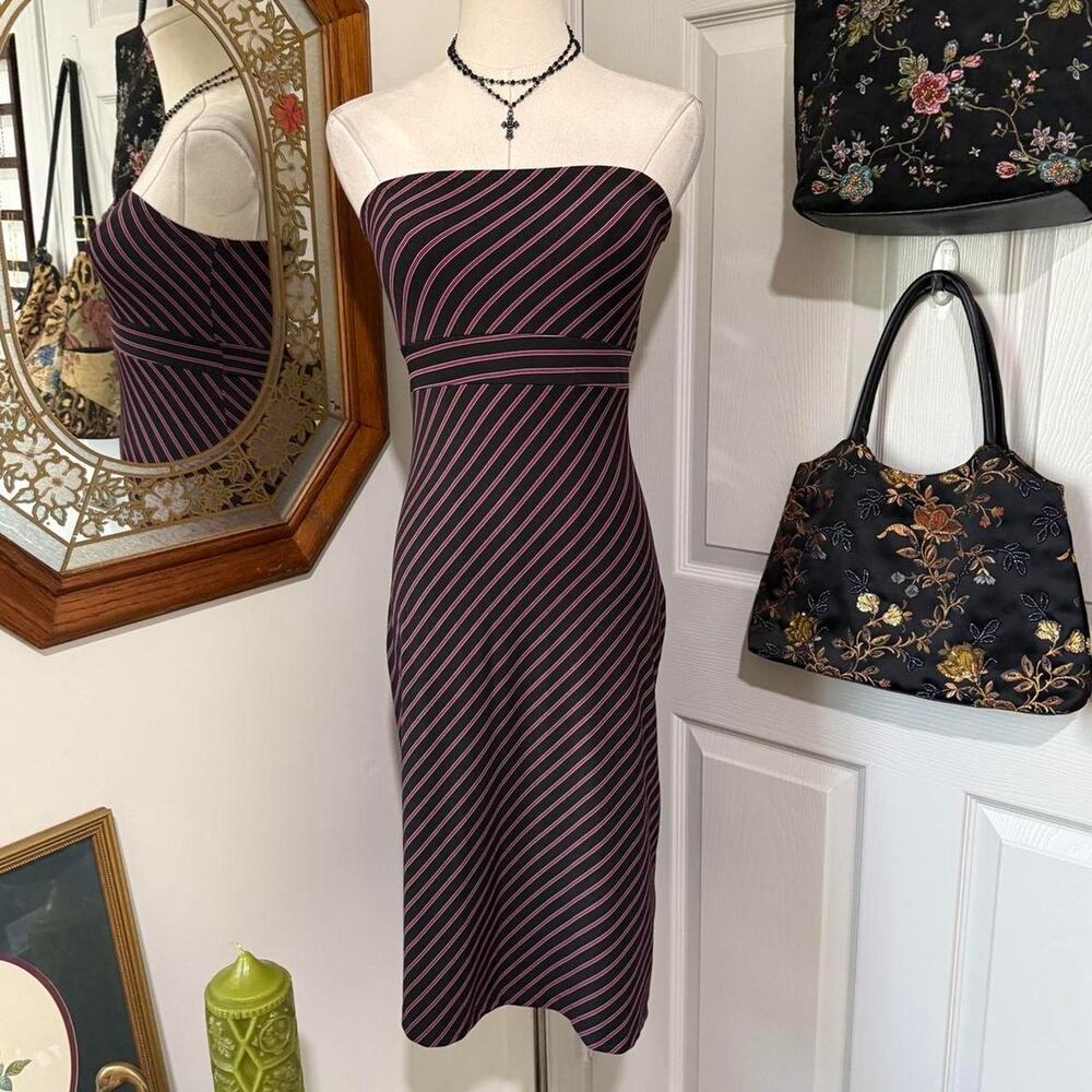 VTG Y2K My Michelle Black & Pink Striped Strapless Bodycon Mini Dress Waist Ties